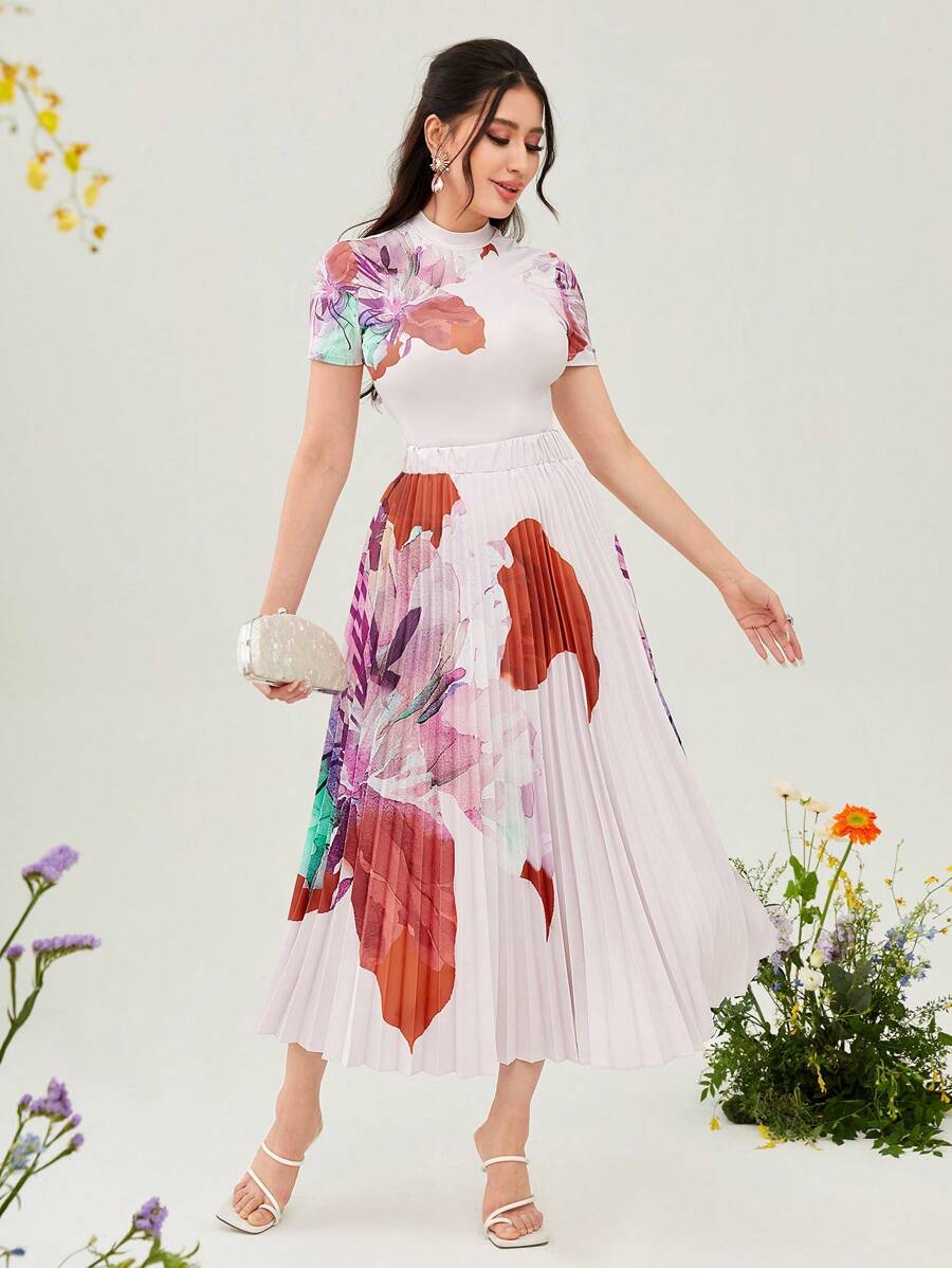 Modelyn 印花小高領T恤和百褶半身裙 - 白色 - 查看 1