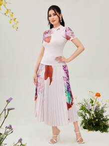 Modelyn 印花小高領T恤和百褶半身裙 - 白色 - 查看 3
