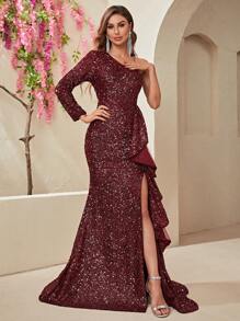 YISIKADO One Shoulder Ruffle Trim Split Thigh Sequin Formal Dress - Burgundy - View 4