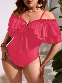SHEIN Swim Curve 大碼挖肩荷葉邊前繫帶連體泳衣 - 玫紅色 - 查看 1