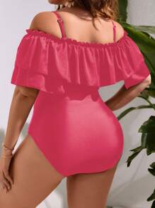 SHEIN Swim Curve 大碼挖肩荷葉邊前繫帶連體泳衣 - 玫紅色 - 查看 2