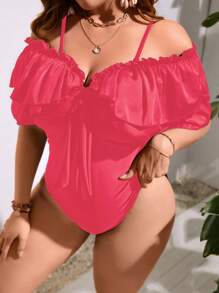 SHEIN Swim Curve 大碼挖肩荷葉邊前繫帶連體泳衣 - 玫紅色 - 查看 3