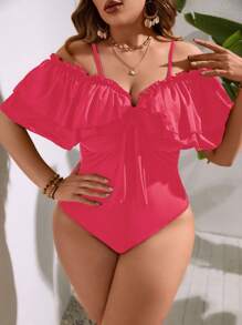 SHEIN Swim Curve 大碼挖肩荷葉邊前繫帶連體泳衣 - 玫紅色 - 查看 6