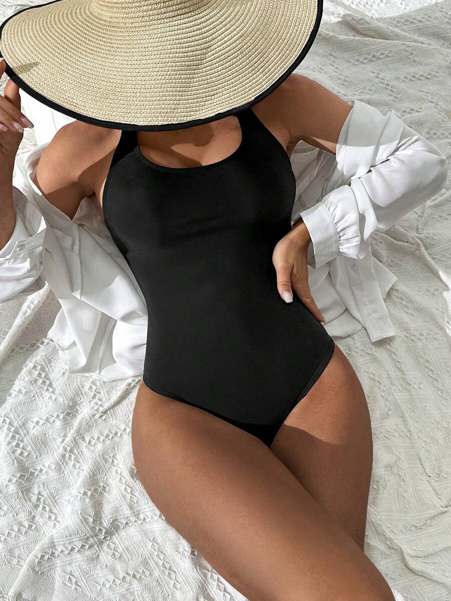 SHEIN Bañador una pieza unicolor con abertura - Negro - Ver 1