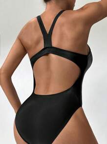 SHEIN Bañador una pieza unicolor con abertura - Negro - Ver 2