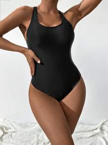 SHEIN Bañador una pieza unicolor con abertura - Negro - Ver 3