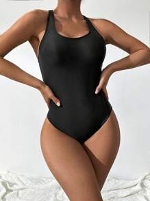 SHEIN Bañador una pieza unicolor con abertura - Negro - Ver 4