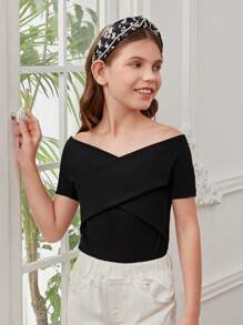 SHEIN Tops con gái Hội Chữ thập Trọn gói Gân đan màu trơn Giải trí - màu đen - Xem 1