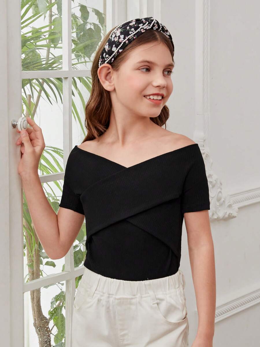 SHEIN Tops con gái Hội Chữ thập Trọn gói Gân đan màu trơn Giải trí - màu đen - Xem 1