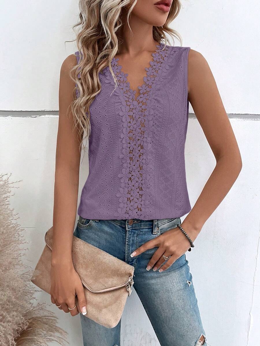 SHEIN VCAY Guipure Lace Panel Eyelet Embroidery Tank Top - Lilac Purple - View 1