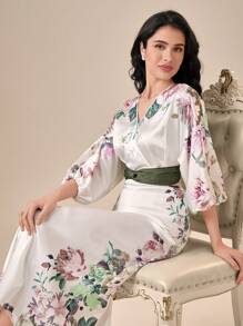 SHEIN Unity 印花交叉領口燈籠袖腰帶緞面睡裙 - 白色 - 查看 6