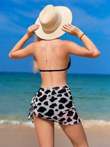 SHEIN 青少年女孩奶牛印花吊带比基尼套装 带沙滩裙 夏季海滩