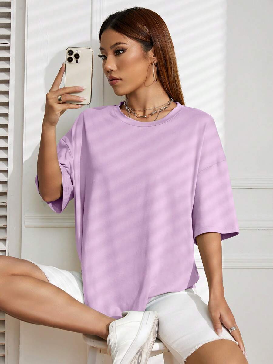 SHEIN EZwear Solid Drop Shoulder Tee - Lilac Purple - View 1