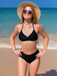 SHEIN 青少年女孩奶牛印花吊带比基尼套装 带沙滩裙 夏季海滩