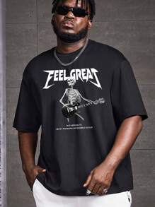 Manfinity RebelGame Men Plus Cotton Skeleton And Slogan Graphic Tee - Black - View 5