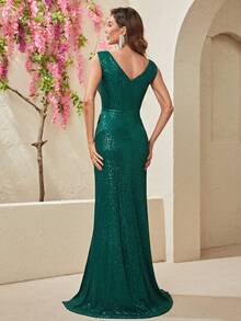 YISIKADO Split Thigh Sequin Formal Dress - Dark Green - View 2