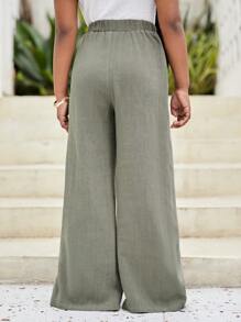 SHEIN Tween 女童纽扣细节前结阔腿裤 - 橄欖綠 - 查看 2