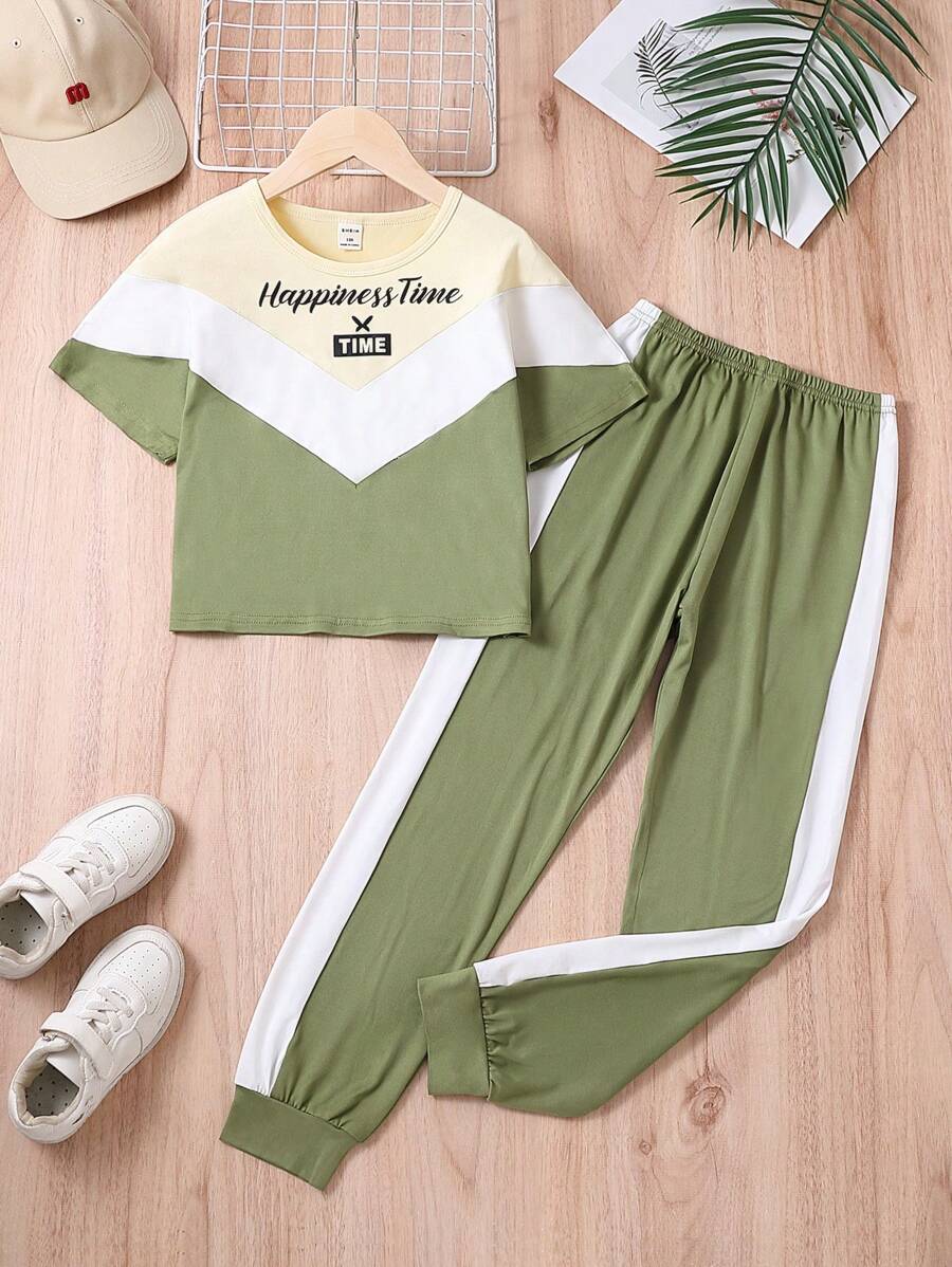SHEIN Girls Letter Graphic Colourblock Tee & Contrast Side Seam Joggers - Multicolor - View 1