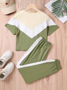 SHEIN Girls Letter Graphic Colourblock Tee & Contrast Side Seam Joggers - Multicolor - View 2