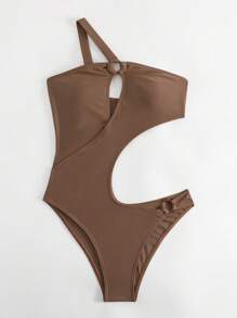 Cut Out One Shoulder One Piece Swimsuit - Brown - View 4