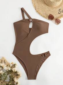 Cut Out One Shoulder One Piece Swimsuit - Brown - View 7