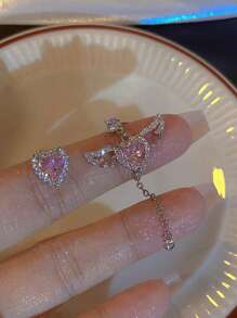 1對時尚鋅合金水鑽心和翅膀裝飾不對稱耳墜適合女士日常裝飾 - 彩色 - 查看 2