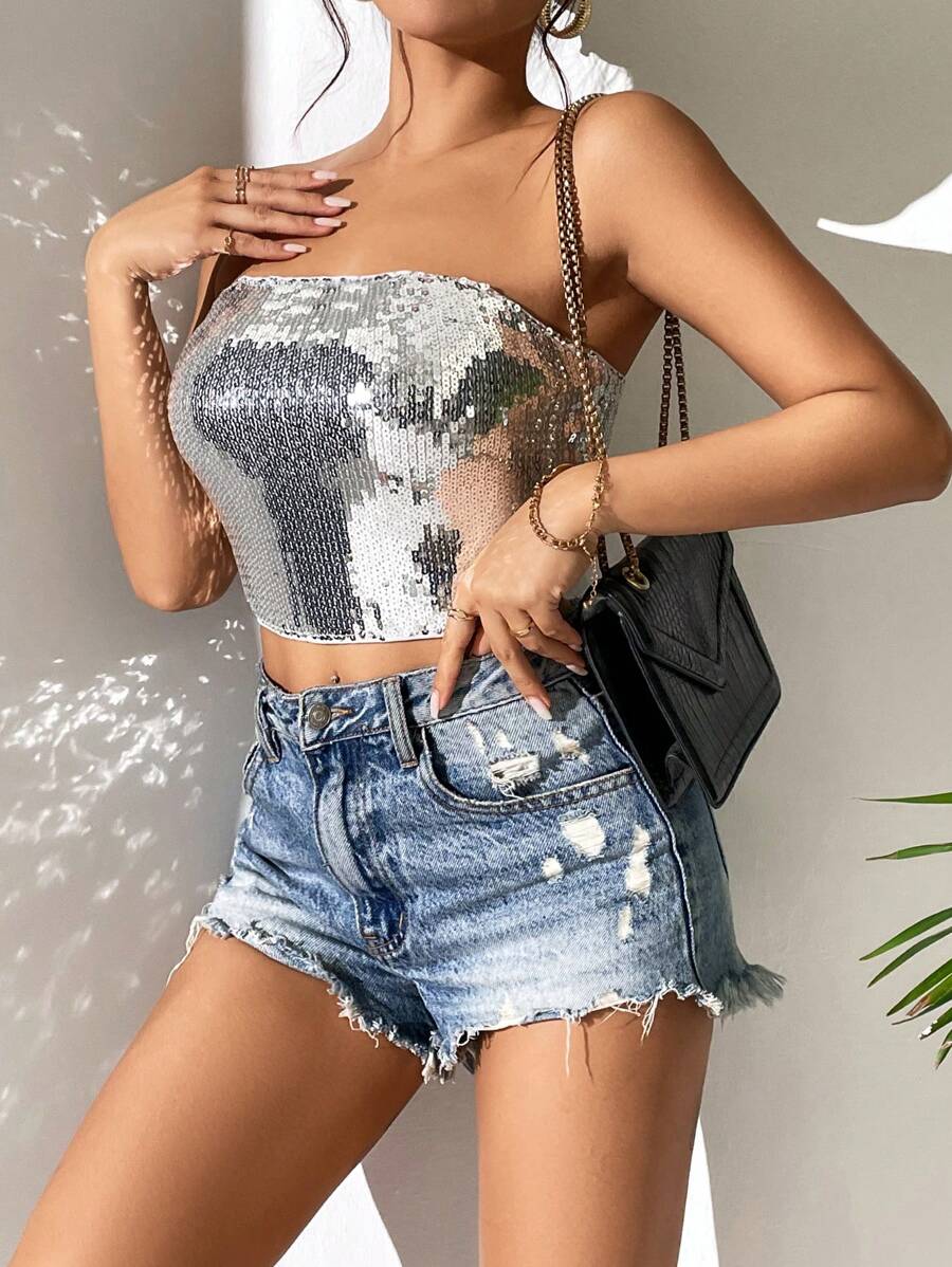 SHEIN PETITE Áo nữ ghép mộng kim sa màu trơn Buổi tiệc - Bạc - Xem 1