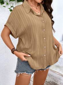 SHEIN LUNE Plus Batwing Sleeve Button Front Shirt - Camel - View 3