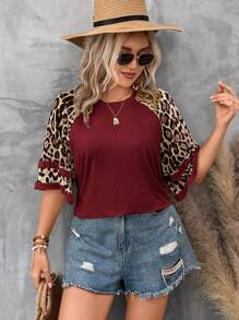 SHEIN LUNE Áo thun tay bèo họa tiết da báo Plus - Màu Đỏ Sâu - Xem 5