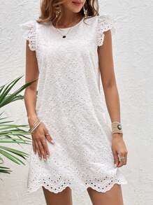 SHEIN VCAY Eyelet Embroidery Scallop Trim Keyhole Back Dress - White - View 4