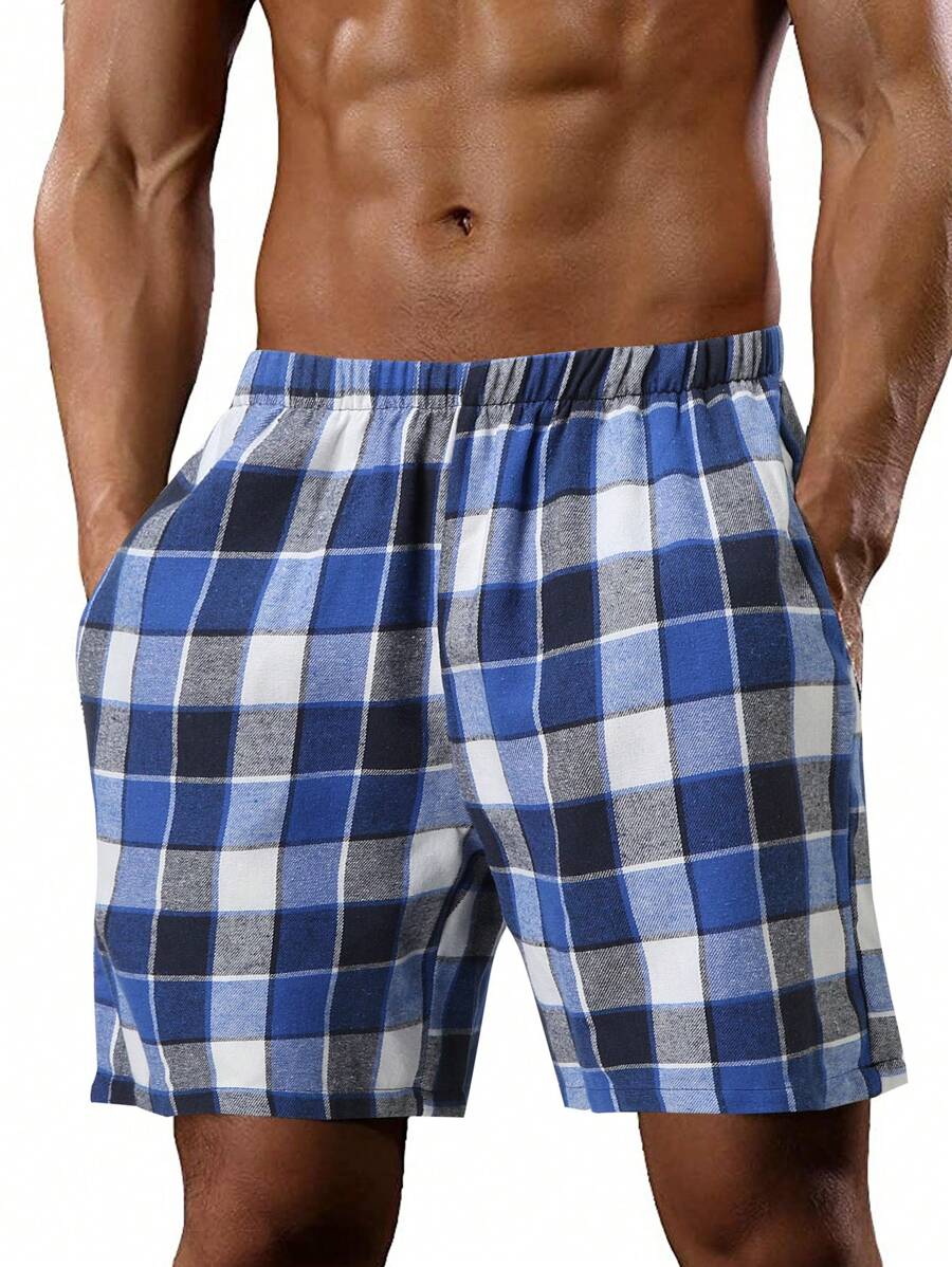 Men Plaid Print Slant Pocket Sleep Shorts - Multicolor - View 1