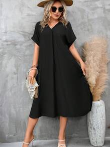 SHEIN LUNE Plus Solid Batwing Sleeve Tunic Dress