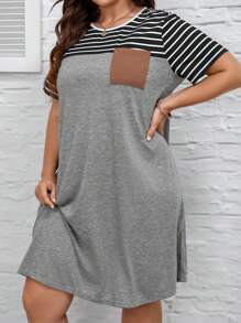 SHEIN LUNE 大碼條紋印花口袋貼布T恤連衣裙 - 彩色 - 查看 3