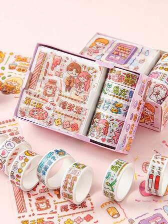 1box Cartoon Graphic Washi Tape & Sticker Set, Cute Multi-Purpose Washi Tape For DIY Craft, Hand Account, Decoration Back To School