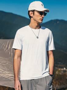 男士條紋圖案圓領T恤 - 白色 - 查看 1