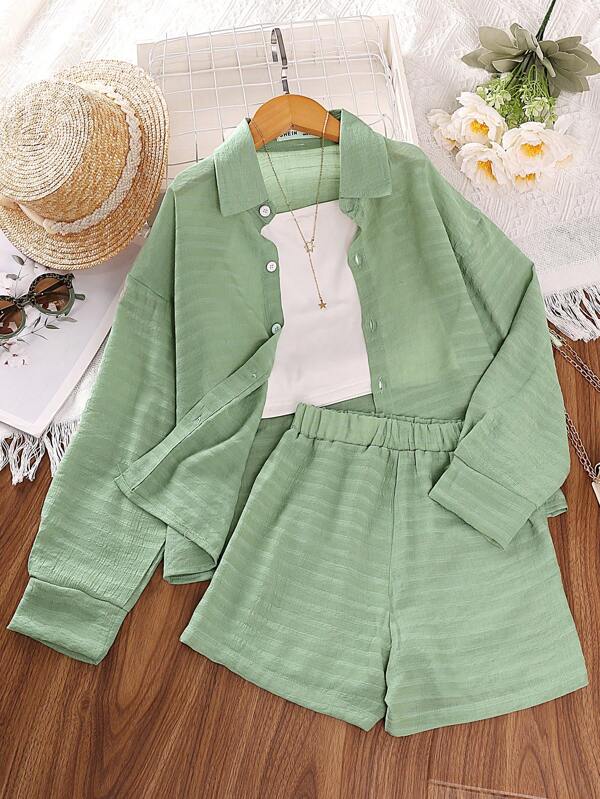 SHEIN Tweens Mädchen Schulterfreie Bluse & Cami Top & Shorts