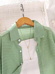 SHEIN Tween Girl Drop Shoulder Blouse & Cami Top & Shorts - Multicolor - View 3