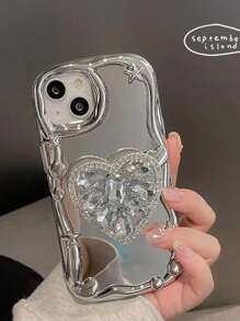 Rhinestone Heart Decor Phone Case With Holder - Silver - View 1