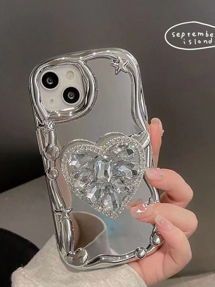 Rhinestone Heart Decor Phone Case With Holder - Silver - View 1