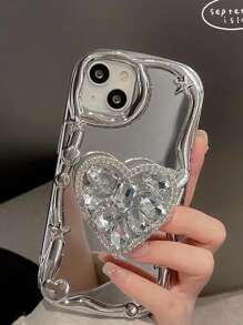 Rhinestone Heart Decor Phone Case With Holder - Silver - View 3