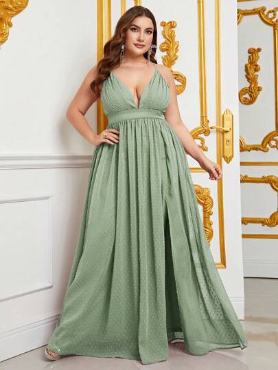 大碼深V領高衩吊帶連衣裙