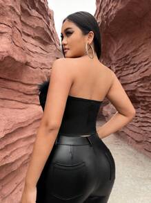 SHEIN SXY 大碼毛茸邊緊身上衣抹胸上衣 - 黑色 - 查看 2