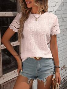 EMERY ROSE Eyelet Embroidery Scallop Trim Tee - Baby Pink - View 3