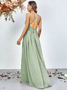 Plunge Neck Split Thigh Cami Dress - Green - View 2