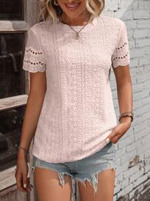 EMERY ROSE Eyelet Embroidery Scallop Trim Tee - Baby Pink - View 5