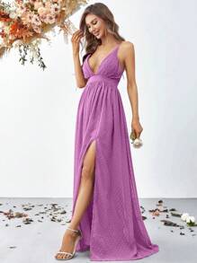 Vestido de tirantes de cuello profundo de espalda abierta con tira cruzada de muslo con abertura - Morado - Ver 4