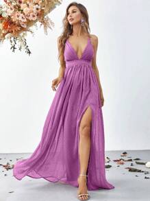 Vestido de tirantes de cuello profundo de espalda abierta con tira cruzada de muslo con abertura - Morado - Ver 6