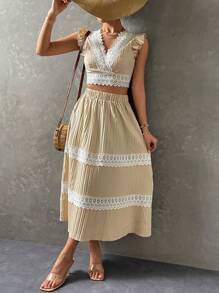 SHEIN Holidaya 拼接水溶蕾絲荷葉邊上衣和裙子 - 米色 - 查看 3