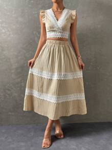 SHEIN Holidaya 拼接水溶蕾絲荷葉邊上衣和裙子 - 米色 - 查看 6