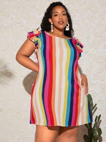 SHEIN CURVE+ Vestido con estampado de rayas ribete con fruncido - Multicolor - Ver 3